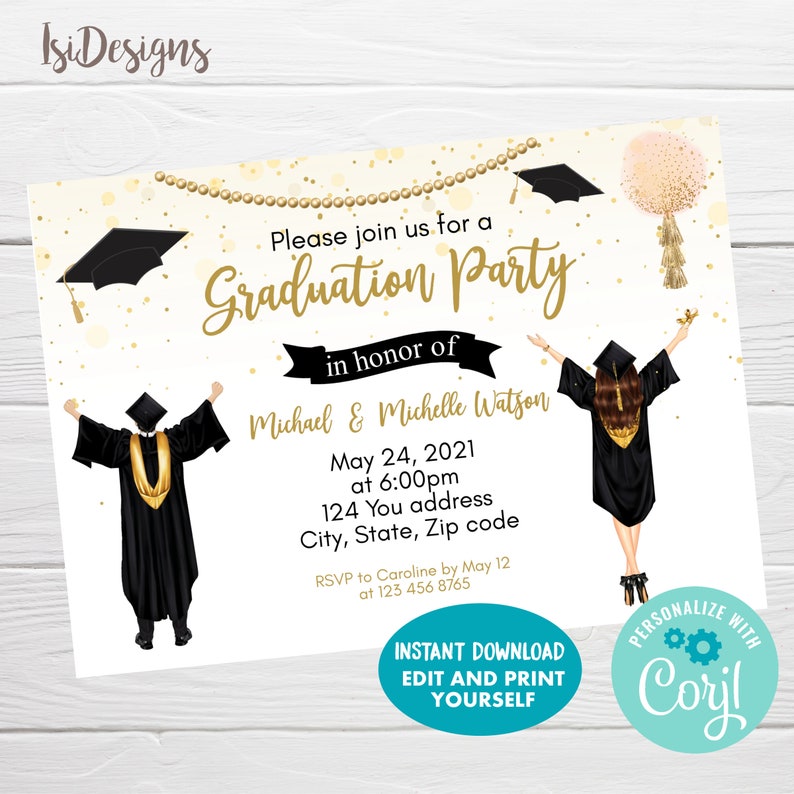 May include: A graduation party invitation with a gold and white background. The invitation features a gold graduation cap garland, two cartoon graduates in caps and gowns, and the text "Please join us for a Graduation Party in honour of Michael & Michelle Watson. May 24, 2021 at 6:00pm 124 You address City, State, Zip code RSVP to Caroline by 12 May at 123 456 8765".