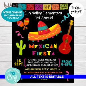 Mexican Fiesta Fundraiser Event Template, Instant Download, Mexican Flyer, Editable PTA PTO School Community Event, 5de Mayo Poster