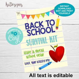 Survival Kit Back to School Tags, Instant Download, Editable Back to school Gift Tags, First day of School, PTO PTA tags, School Favor Tags