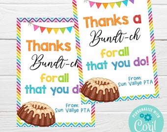 Thanks a BUNDT-CH For All That You Do Appreciation Tag, Bundt Cake Thank You Editable Tags, Teacher Staff Nurse Volunteer Employee Tags