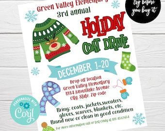 EDITABLE Coat Drive Flyer, PTA PTO, Charity Fundraiser Poster, Holiday Jacket Donations Flyer, Church School Community Event Template