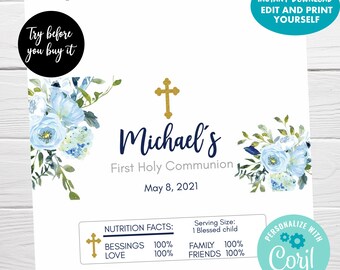 Editable Chocolate Bar Wrapper, Holy Communion, Baptism Favors, Personalized Blue Floral Candy Wrapper