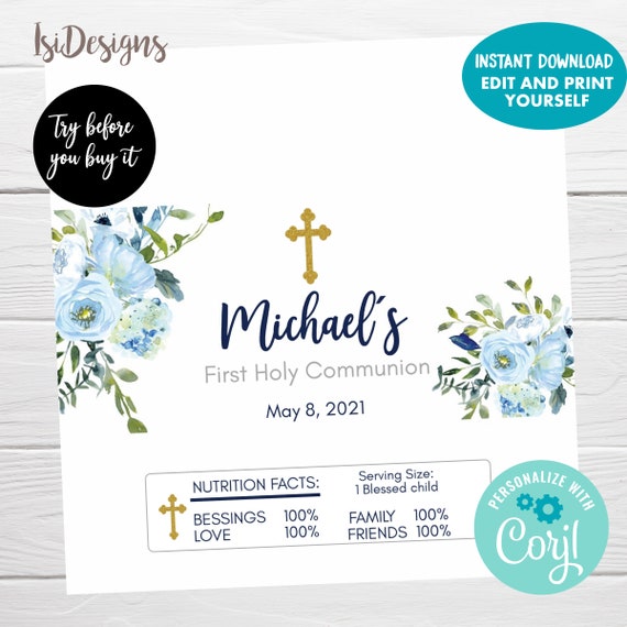 Editable Chocolate Bar Wrapper, Holy Communion, Baptism Favors, Personalized Blue Floral Candy Wrapper Il_570xn