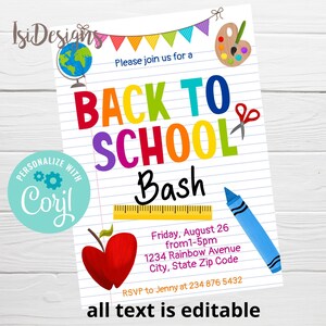 Puede incluir: Una colorida invitación a la fiesta de regreso a clases con ilustraciones de un globo terráqueo, paleta de pintura, tijeras y crayón. La invitación incluye el texto "BACK TO SCHOOL Bash" en colores vibrantes.