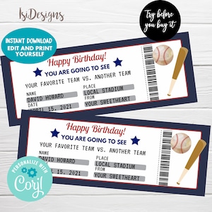 May include: Printable baseball ticket template with a red, white, and blue color scheme. The ticket says "Happy Birthday! You are going to see your favorite team vs. another team." The ticket has fields for the name, date, place, and from. The ticket has a baseball and bat graphic.