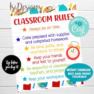 Editable Classroom Rules, Instant Download, Classroom Decoration, Teacher Rules Poster, Back to School Printable