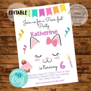 Editable Cat Birthday Invitation, Girl Kitten Printable Invite