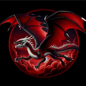 May include: A black and red dragon with white accents flies through a red and black cloudy sky. The dragon is in a circle with a black background.