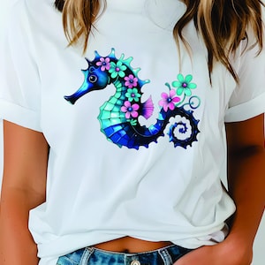 Floral Seahorse PNG BOHO PNG, Seahorse Png Shirt, Summer Png, beach Nautical Sublimation Design, seahorse Aesthetic Flower, Summer girl png