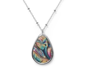 Mermaid Teardrop Pendant, Mythical Sea Nymph Jewelry, Siren Necklace, Ocean Lover Gift, Beach Wedding Jewelry, Oval Necklace, Gift for her