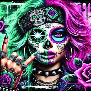 May include: A vibrant digital art piece featuring a woman with Day of the Dead-inspired makeup, green and pink hair, and a studded collar. Her hand, adorned with rings and a tattoo, makes a rock-and-roll gesture. Purple roses and a skull bandana complete the look.