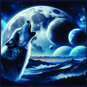 May include: A blue wolf howls at the moon in a fantasy landscape with multiple moons and stars in the background.