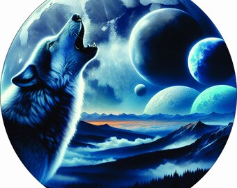 MOUSE PAD Howling Wolf  Computer Mousepad ROUND mat mouse pad, wolf howling at moon, blue moon, earth and stars, wolf silhouette