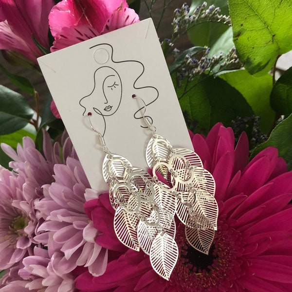 Ladies Elegant Sterling Silver Long Dangle Earrings - 925 Silver Leaf Earrings, Silver Ear Shepherds Hook, Statement Earrings, Earring Gifts
