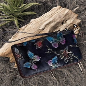 Ladies Leather Wallet - Full Size Wallet with Hand Embossed Butterflies, Handmade Hand Dyed Wallet, Wrist Strap Wallet Clutch, Wallet Gifts