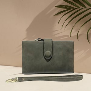 Ladies Vegan Leather Soft Suede Wallet - Sage Green Wallet with Wrist Strap, Small Clutch, Zipper Change Purse Wallet, Wallet Gift For Her