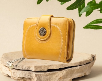 Yellow Vegan Leather Wallet | Small Boho Clutch with Zip Coin Purse | Cruelty Free Gift