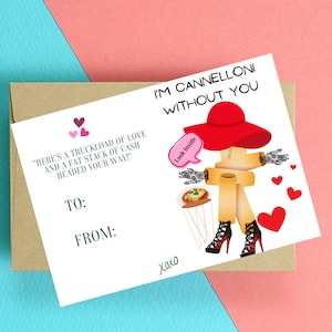 Carte Tu me manques - Je suis Cannelloni sans vous, carte de jeu de mots pâtes drôle téléchargeable, argent carte, cartes de voeux uniques pour amateur de pâtes
