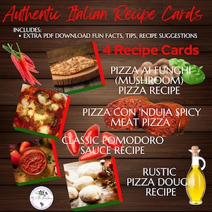 Italian Pizza Recipe Card Set PDF | Rustic Dough, Pomodoro Sauce, &#39;Nduja & Mushroom Pizza | Downloadable Printable Recipes | Digital Gift