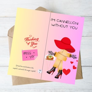 Je pense à toi, tu me manques - Je suis Cannelloni sans toi, carte imprimable pâtes drôles de la Saint-Valentin, carte de voeux unique