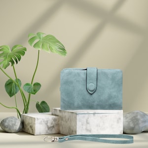 Blue Suede Ladies Wallet - Soft Subtle Vegan Leather Wallet Includes Wrist Strap, A perfect Clutch for the Minimalist, Wallet Gifts for Her