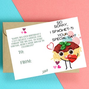 Tarjeta imprimible y descargable: tarjeta con juego de palabras Money Pasta, tarjetas divertidas, tarjetas de felicitación únicas, tarjeta de felicitación única en su tipo, tarjeta de cumpleaños atrasada
