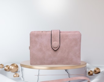 Cartera de gamuza suave para damas Pretty In Pink: carteras de regalo de cumpleaños, carteras de cuero vegano con correa para la muñeca, carteras minimalistas, carteras pequeñas