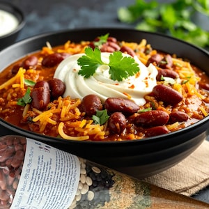 May include: A black bowl of chilli topped with a swirl of cream and a sprig of coriander. The chilli contains red kidney beans, grated cheese, and rice. A bag of dried beans and spices is in the foreground. The text on the bag reads "Classic 3 Bean Chili Con Carne".