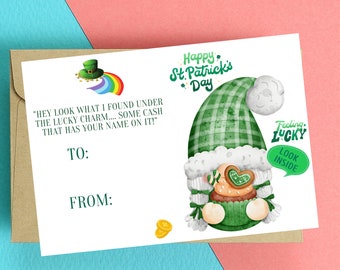 St. Patrick's Day Money Card - Cute Funny Leprechaun Card, Printable Downloadable Greeting Card, Unique Card, Printable St Patricks Day Card