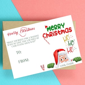 Joyeux Noël argent carte - jolie carte de père Noël drôle, imprimable téléchargeable joyeux Noël carte de voeux, carte-cadeau imprimable pliable père Noël