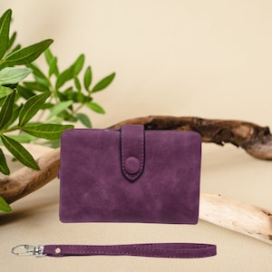 Tri Fold Burgundy Ladies Wallet - Super Soft Suede Minimalist Vegan Leather Wallet, Wallet Clutch With Wrist Strap, Christmas Wallet Gifts
