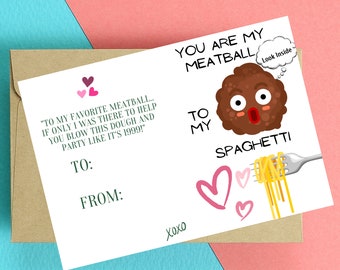 I Love You Gift Card - Printable Downloadable Greeting Card, My Meatball To My Spaghetti, Funny Pasta Card, Money Gift Card, Valentine Card