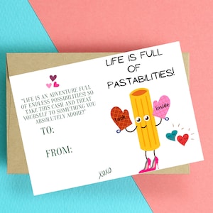 Tarjeta de regalo La vida está llena de posibilidades: tarjeta de dinero descargable e imprimible, linda tarjeta de felicitación con pasta, divertida tarjeta con juego de palabras con pasta, tarjeta de regalo con dinero