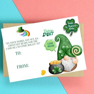 St Patrick's Day Geldkarte - süße lustige Karte, druckbare St Patrick's Day Karte, herunterladbare druckbare Grußkarte, Kobold Geschenkkarte