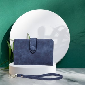 Dark Blue Soft Suede Ladies Wallet - Vegan Leather Wallet, Zippered Wallet with Wrist Strap, Clutch Wallet, Wallet for Women, Wallet Gifts