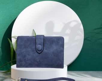 Cartera de mujer de gamuza suave azul oscuro - Cartera de cuero vegano, cartera con cremallera y correa para la muñeca, cartera de mano, cartera para mujer, cartera de regalo