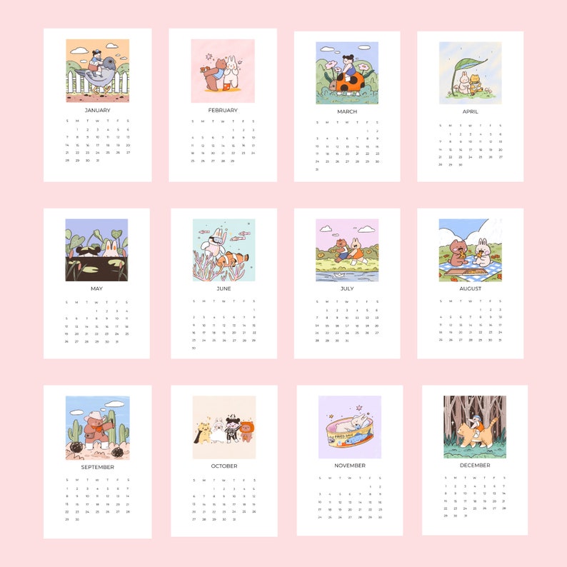 2024 Cute Desk Calendar Mini Calendar Art Calendar Hand Drawn Original