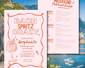 Pink & Orange Aperol Spritz Bachelorette Party Invitation, Bach Spritz Crazy Theme | Customizable Template and Itinerary - Digital Download