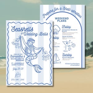 Seashells and Wedding Bells Editable Canva Template | Beach Theme Bachelorette Invitation & Itinerary | Instant Digital Download