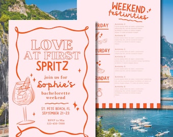 Love at First Spritz Bachelorette Party Itinerary - Aperol Spritz Theme, Pink and Orange Digital Download, Customizable & Editable Template