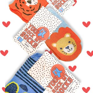 Può includere: Tre paia di calzini colorati con diversi disegni di animali. Ogni paio ha un'etichetta che dice "You Rock My Socks" con una grafica a forma di fulmine. I calzini sono blu, arancioni e bianchi.
