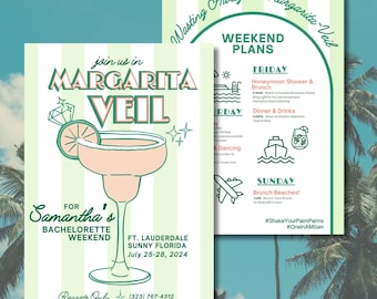 Margarita-Veil Bachelorette Weekend Invitation & Itinerary with Free Can Cooler Design - Editable Canva Template, Instant Download
