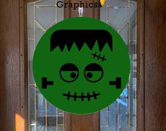 Wooden circle frankenstein face door hanger. Halloween sign. Door hanger. Wall hanger.