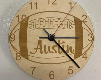 Customizable laser engraved kids wooden football clock.