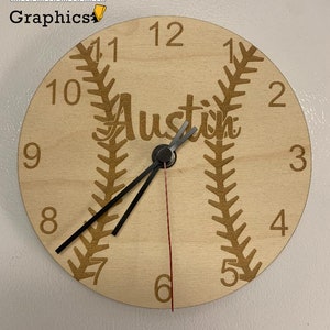 Customizable laser engraved kids wooden baseball clock.