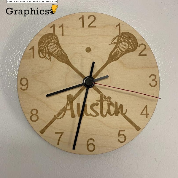 Customizable laser engraved kids wooden lacrosse clock.