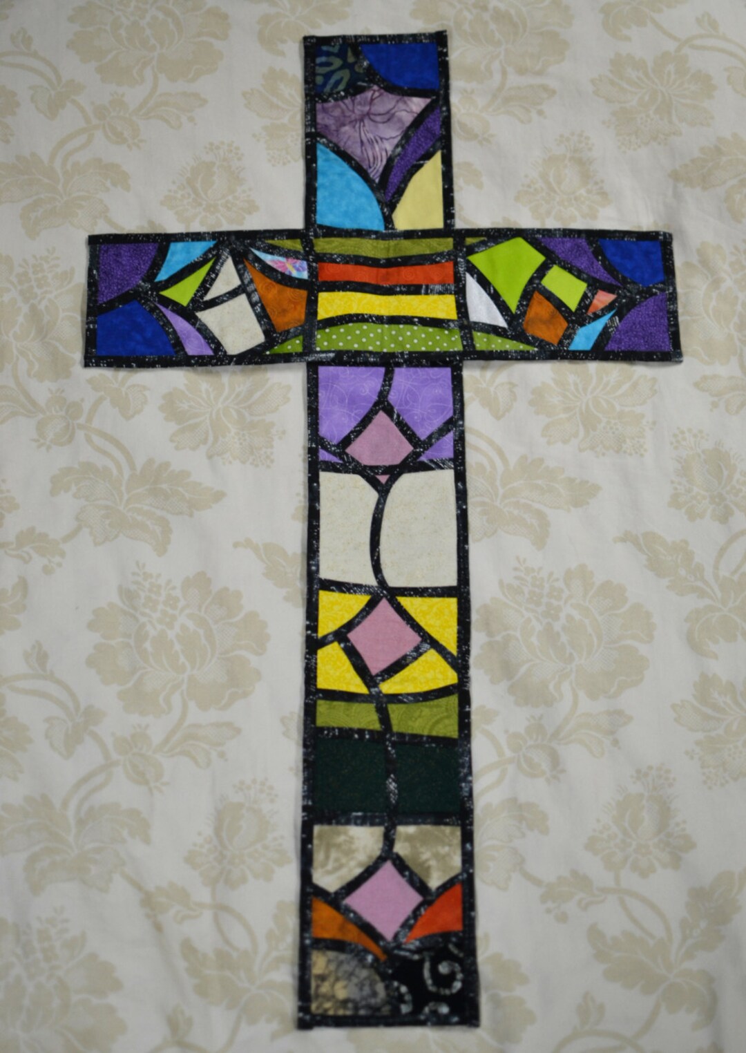 Stained Glass Cross Quilt, Wall Hanging, Stained Glass, Alpha and