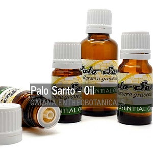 Op de afbeelding: Vier amberkleurige glazen flessen met witte doppen gevuld met Palo Santo olie. De flessen zijn gelabeld met "Palo Santo Oil" en "Bursera graveolens Essential Oil".