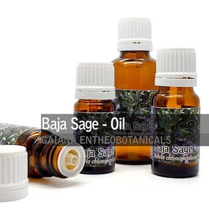 May include: Four brown glass bottles with white caps containing Baja Sage oil. The bottles have labels with a purple flower and the text "Baja Sage - Oil Salvia chionopeplice AGATANA ENTHEOBOTANICALS".