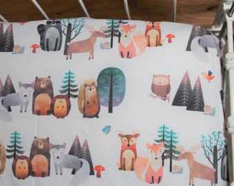 Girl or Boy Woodland Crib Sheet - Fitted Crib Sheet Woodland Bedding -  - Moose - Fox - Bear - Racoon - Owl - Woodland Crib Sheet - Trees